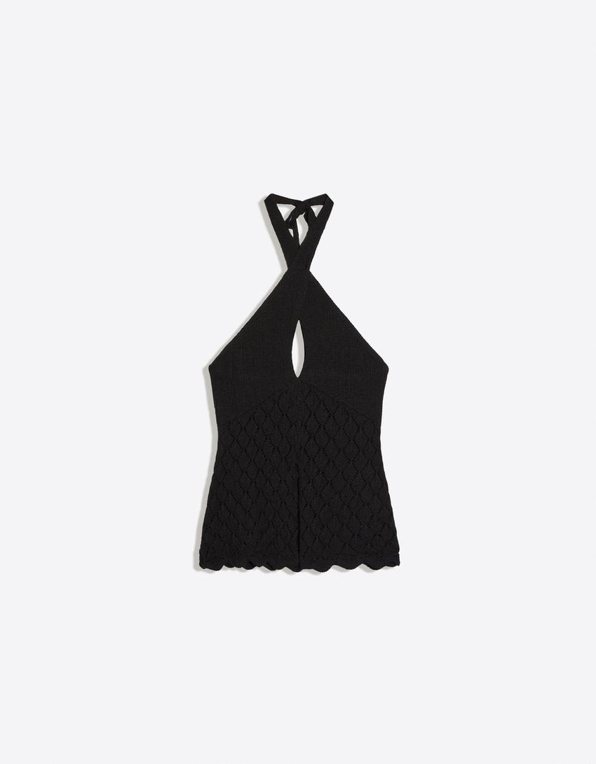Open knit halter top-Black