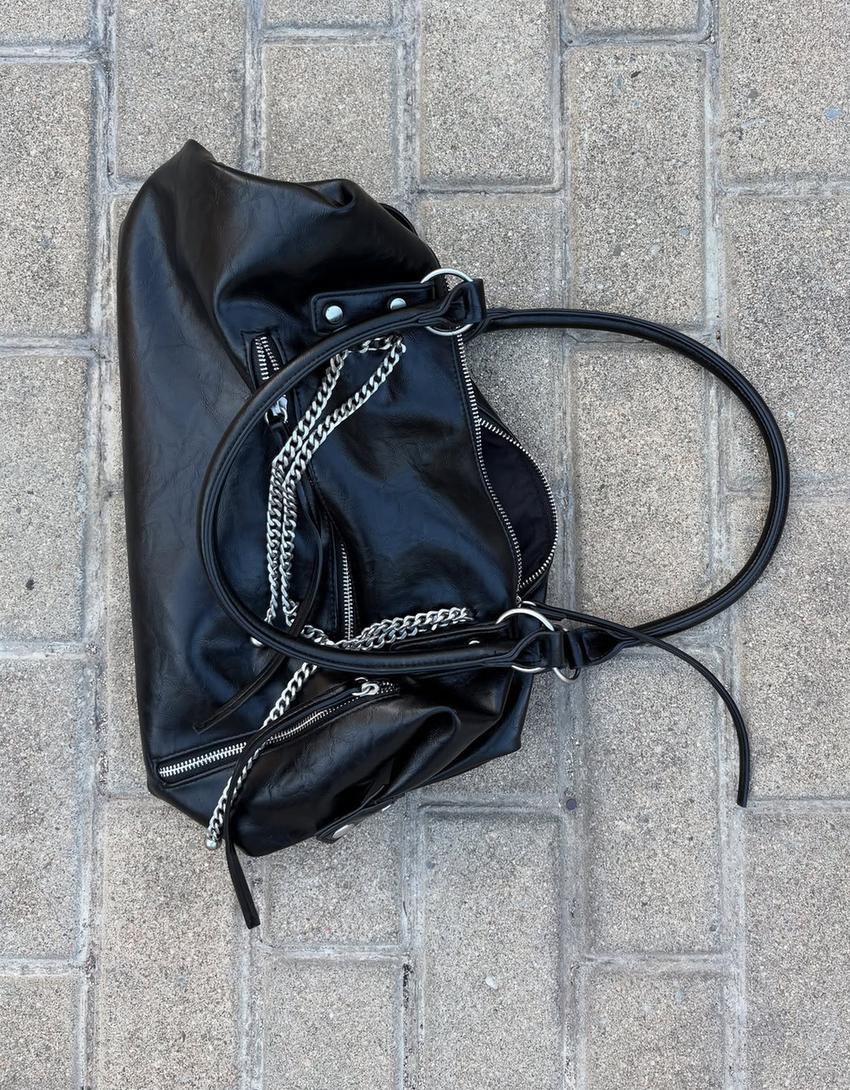 Bolso efecto piel cadena-Negro