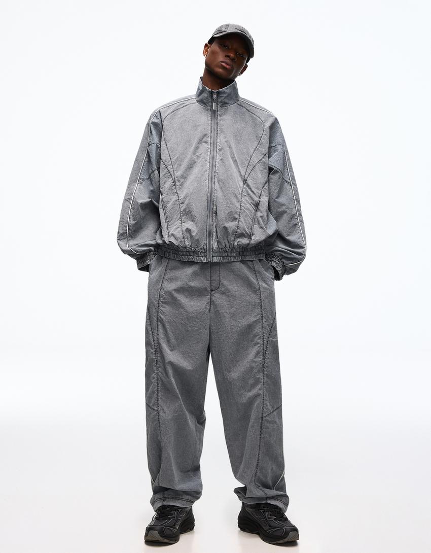 Süper baggy fit teknik pantolon-Gri