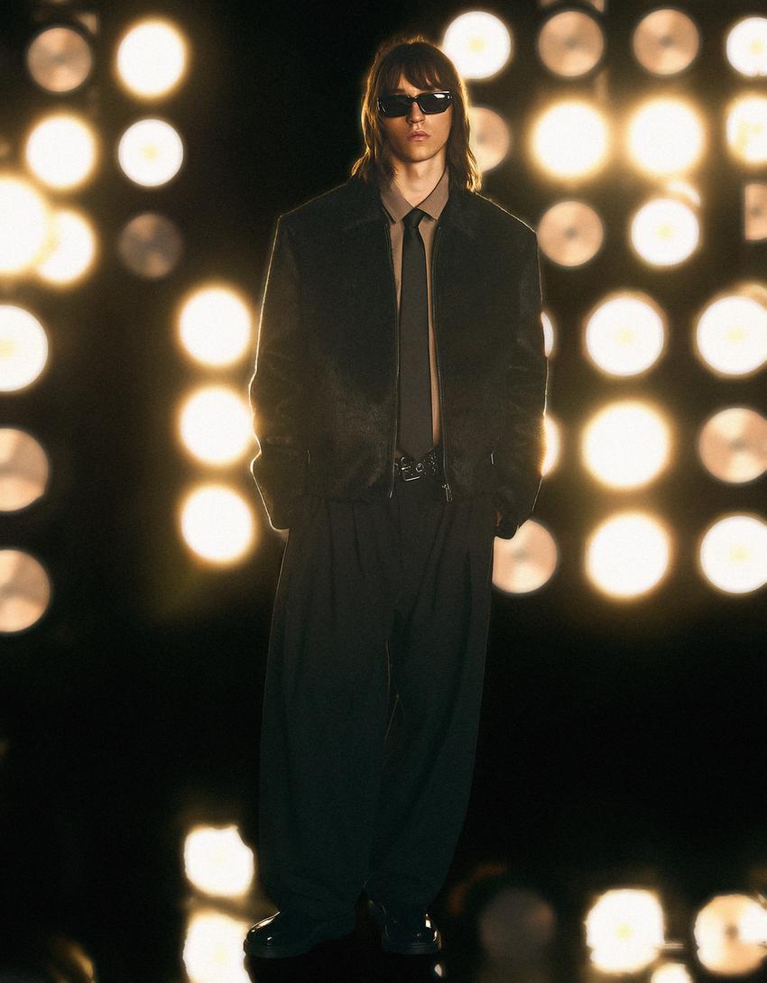 Fermuarlı suni kürk ceket-Siyah