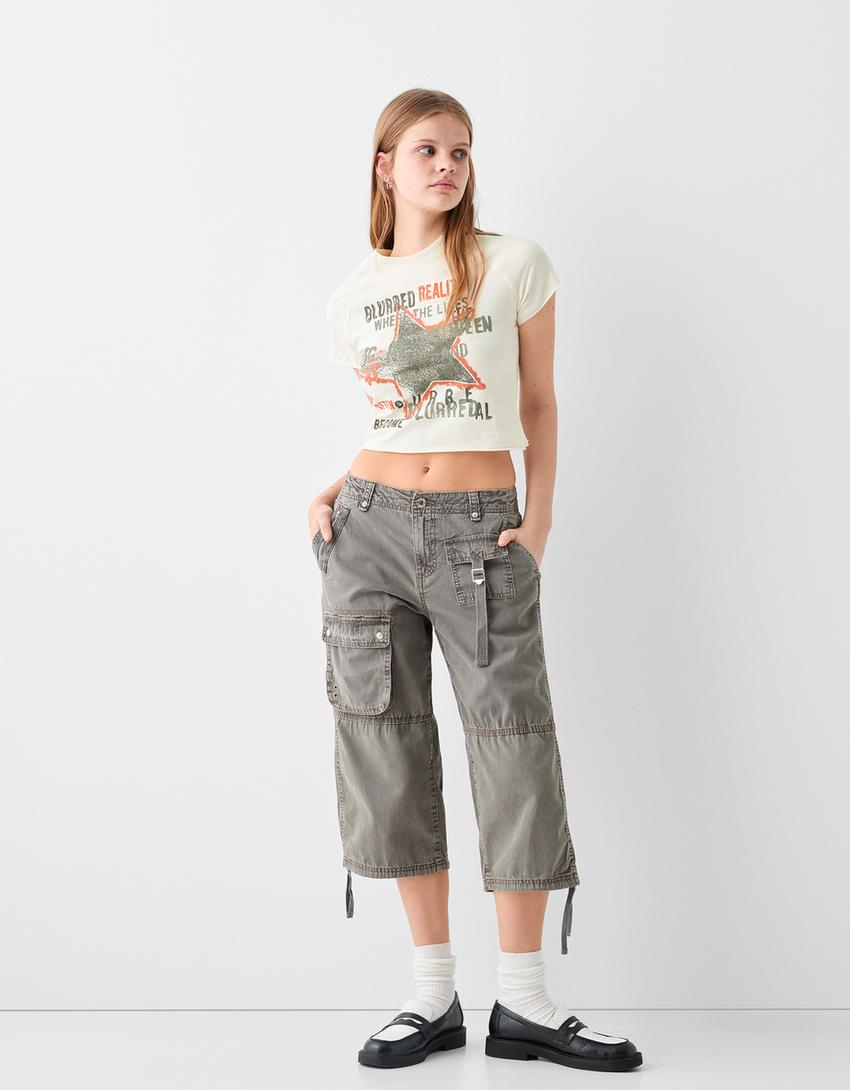 Short sleeve T-shirt with patch-Cream-3