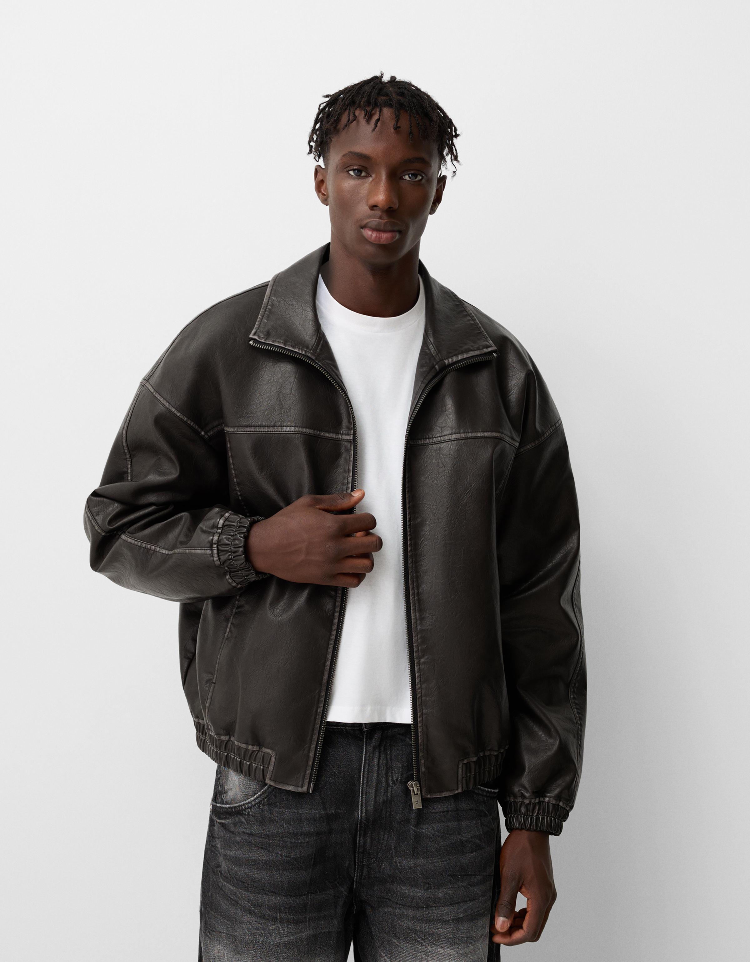 Bershka Jacke Aus Verwaschenem Kunstleder Herren L Schwarz