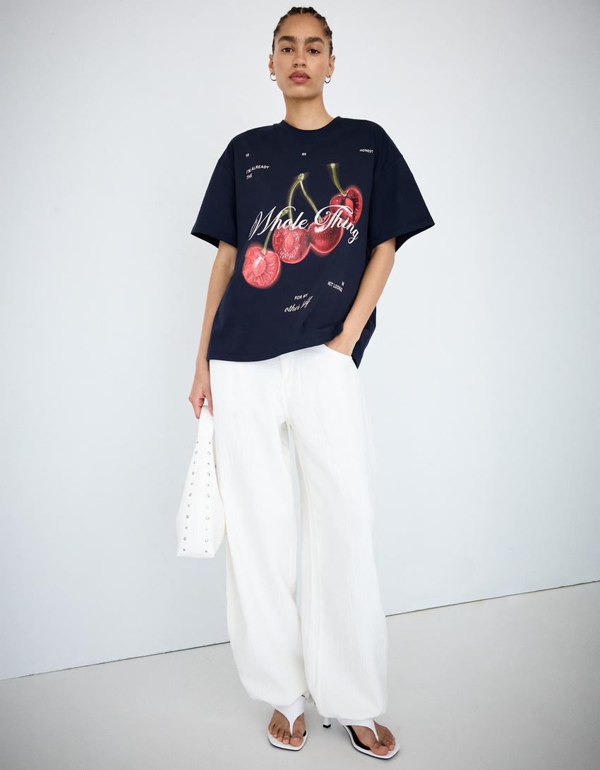 טי שירט עם הדפס ושרוול קצר-כחול נייבי