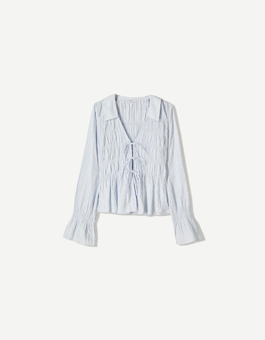 Camisa rústica fruncida-Azul claro-3