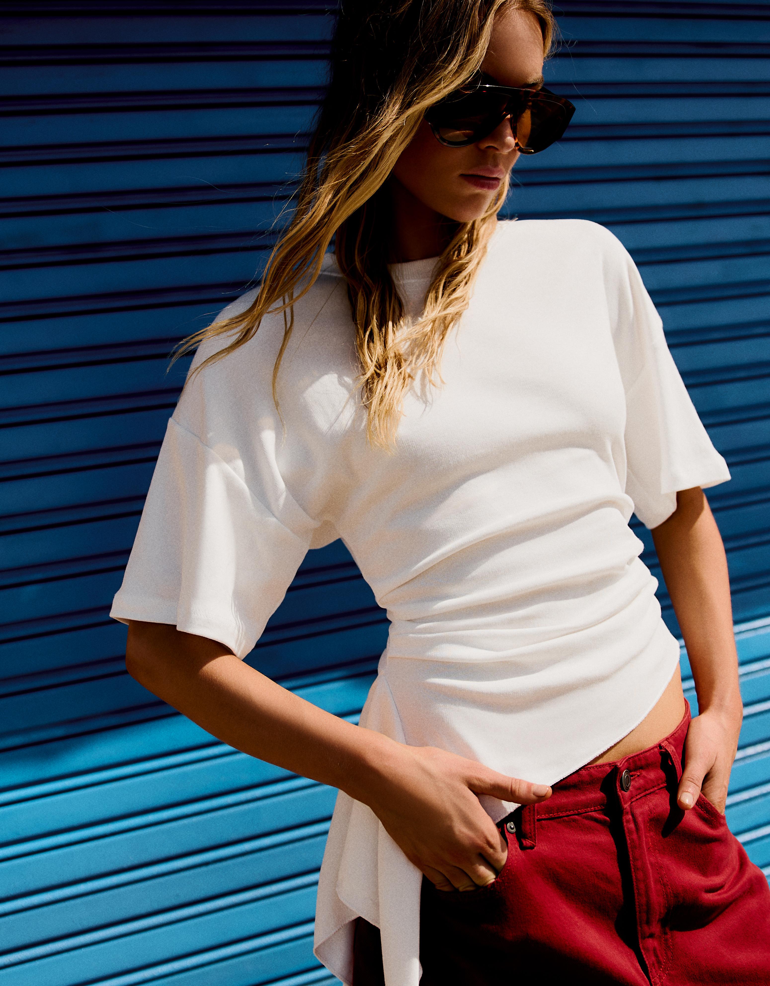 Bershka Camiseta Manga Corta Fruncido Mujer Blanco Roto