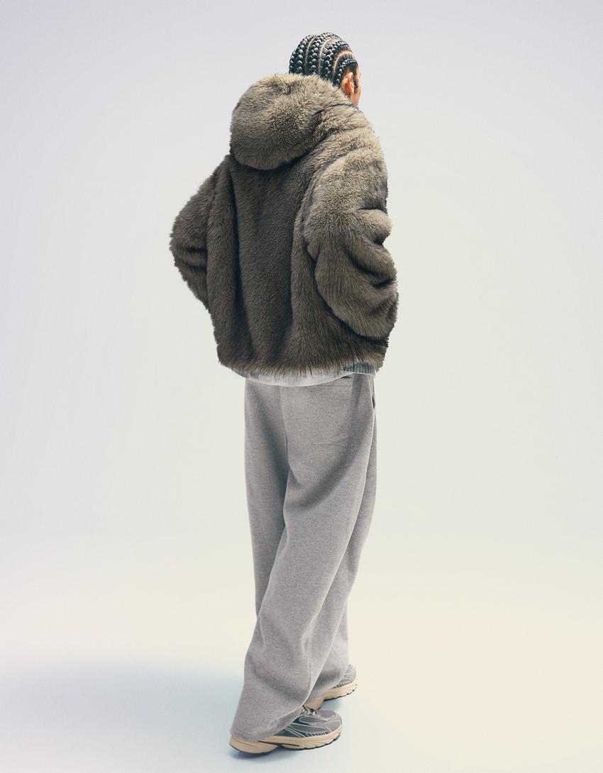 Hooded faux fur jacket-Grey