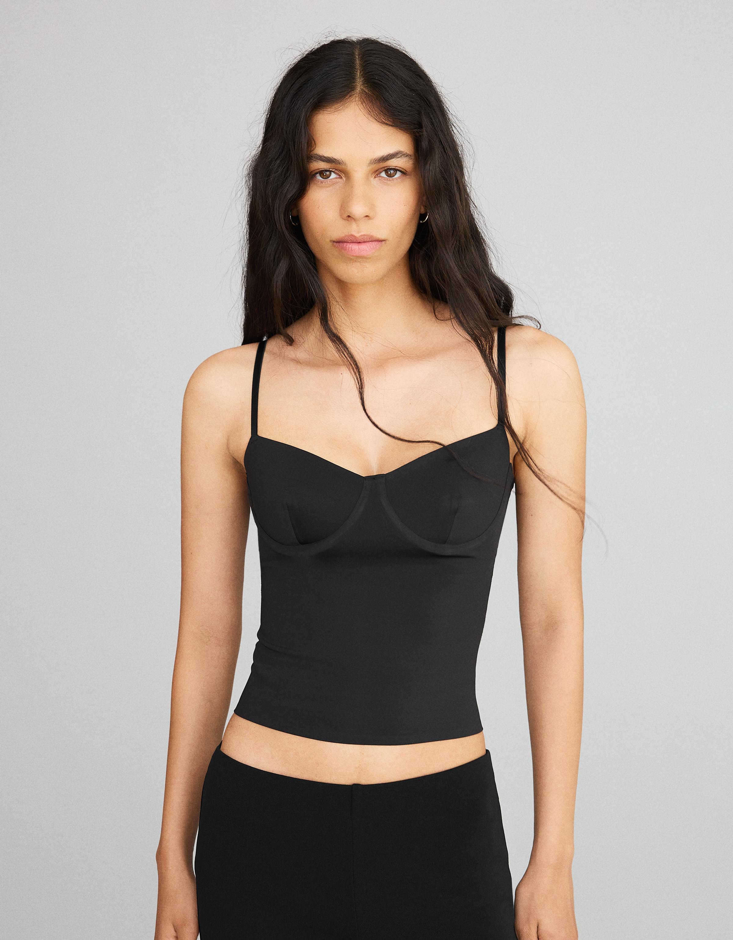 Bershka Top Tirantes Escote Corazón Mujer Negro