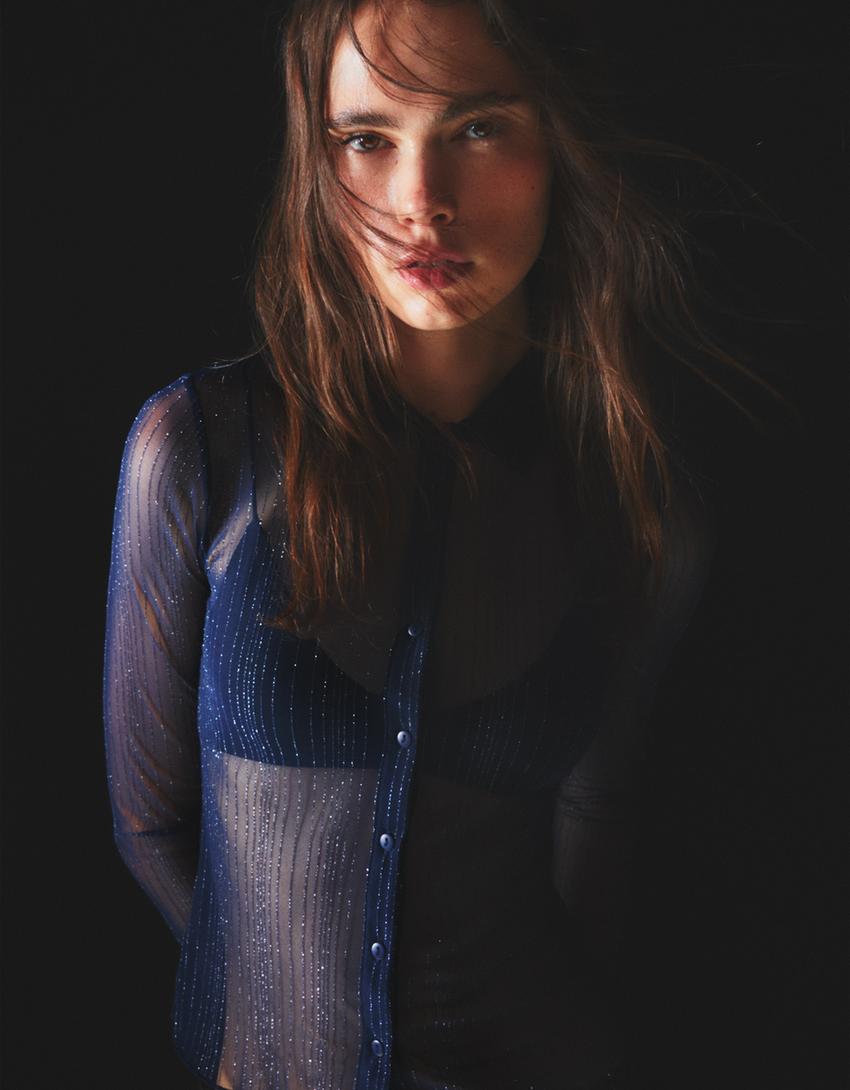 Long-sleeve tulle T-shirt with rhinestones-Navy