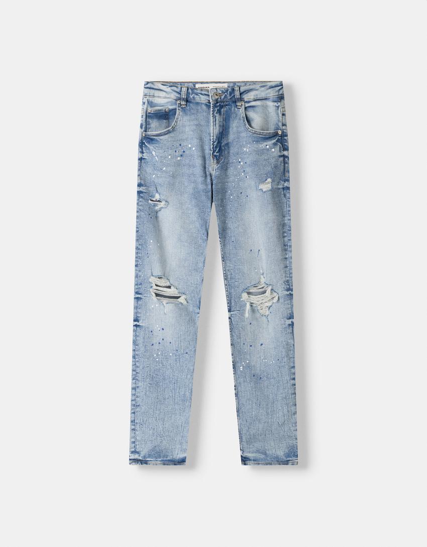 Ripped paint splatter skinny jeans-Light blue-4