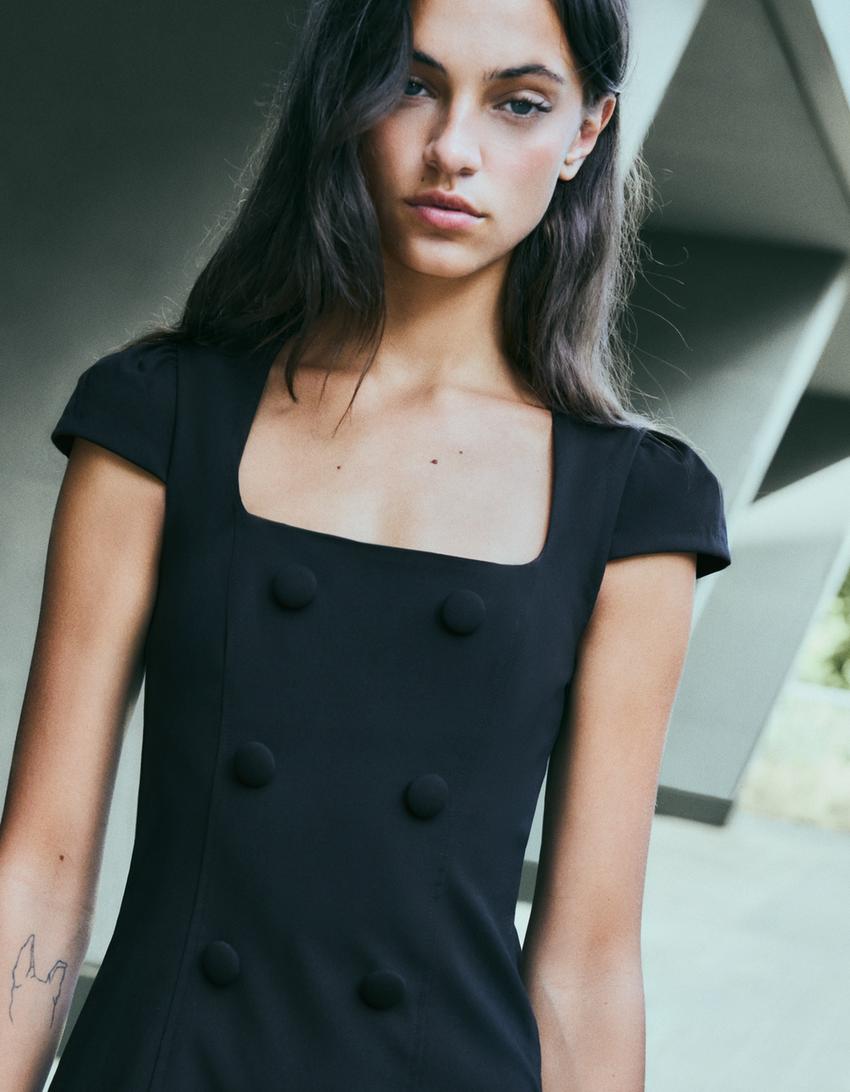 Short sleeve button mini dress-Black