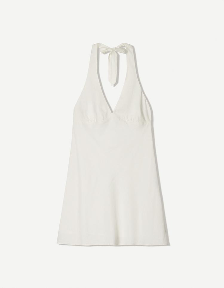 Linen blend halter mini dress