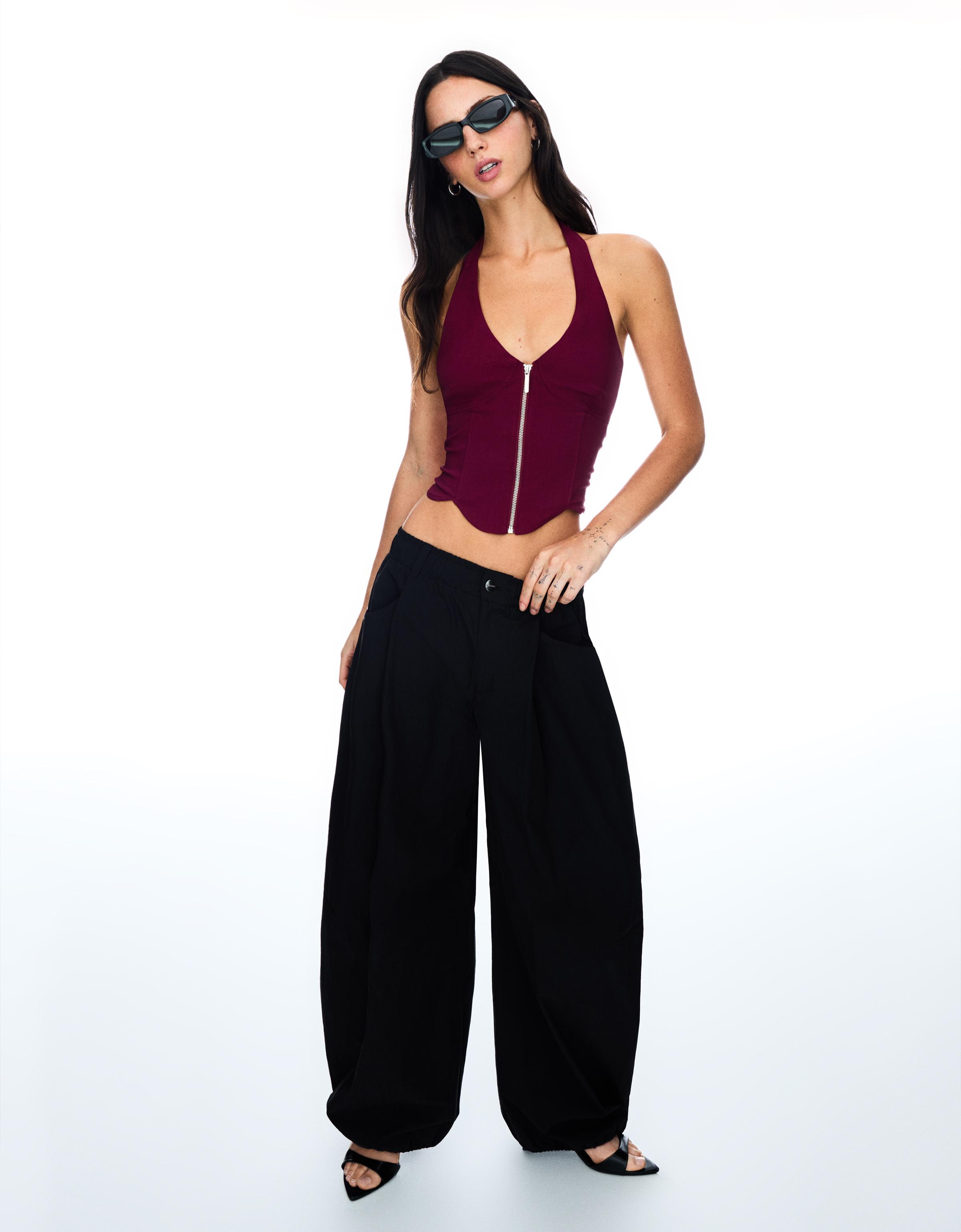 Bershka Top Aus Bengaline Mit Reißverschluss Damen M Granatrot