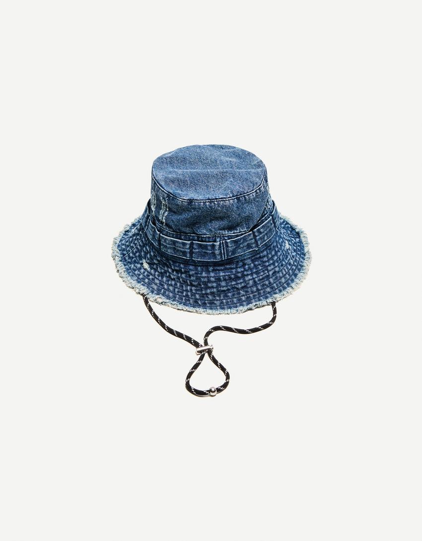 Bøllehat i denim med falmet effekt-Marineblå-1