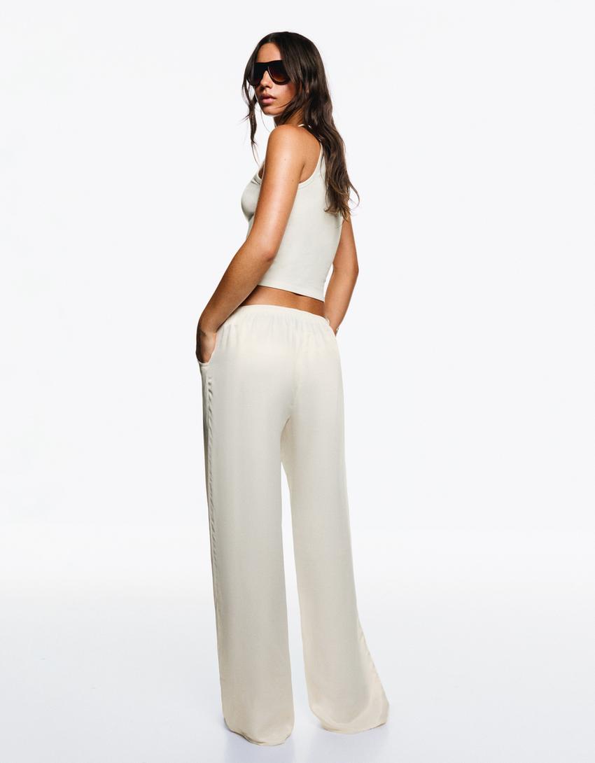 Pantalon jogging wide leg satin-Blanc-2