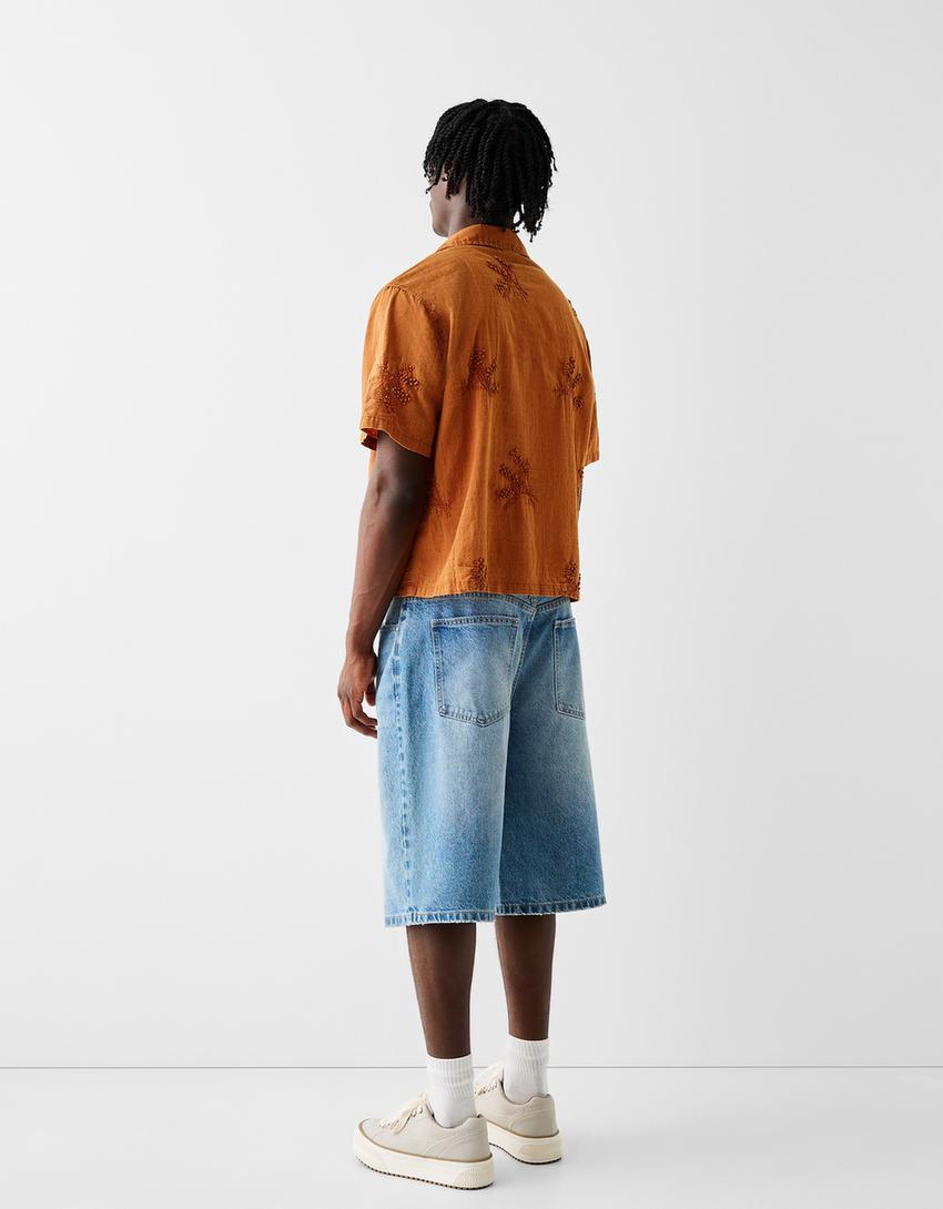 قميص ريفي بطبعة زهور وأكمام قصيرة-برتقالي-1