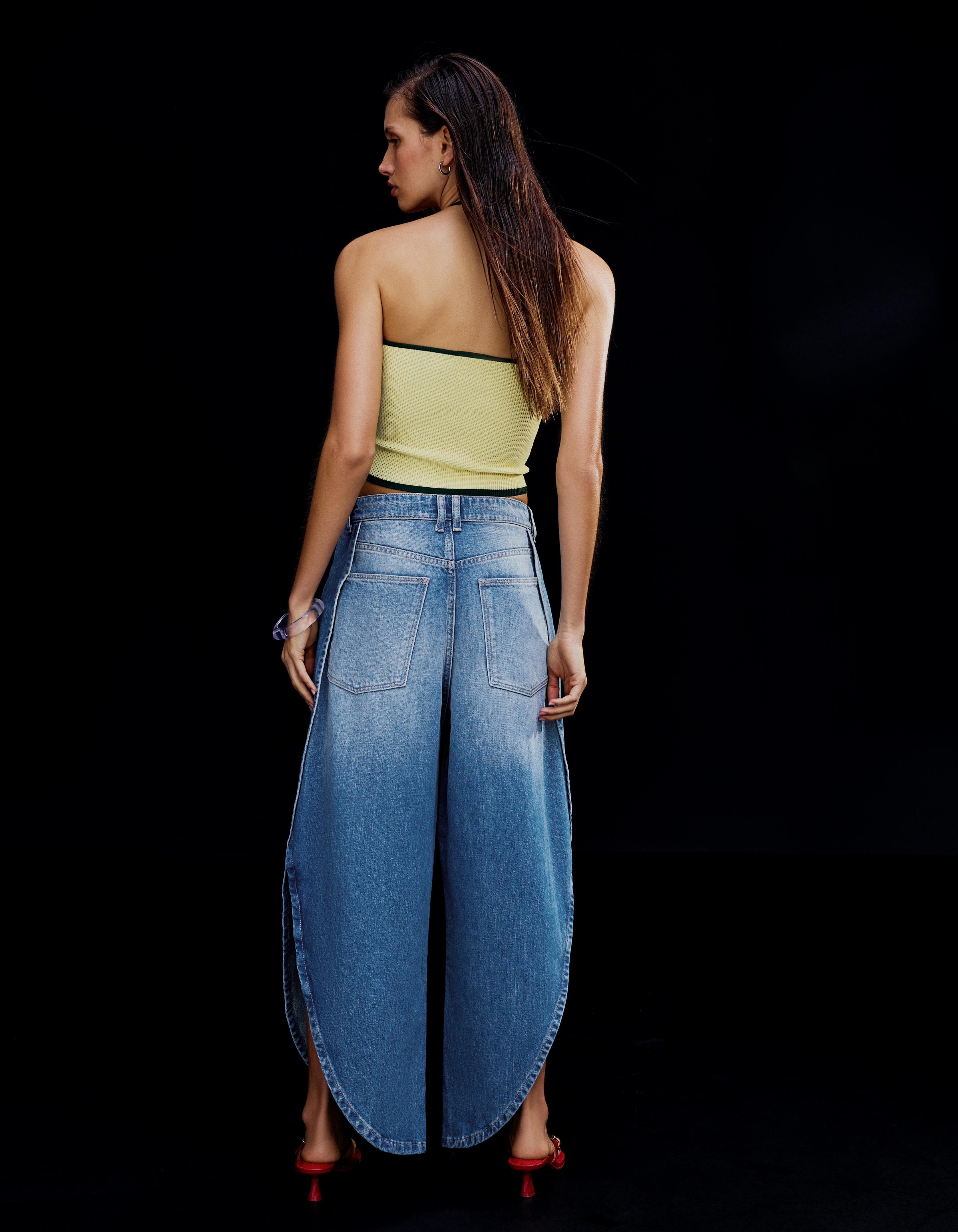 Wide-leg jeans with side split — Light blue