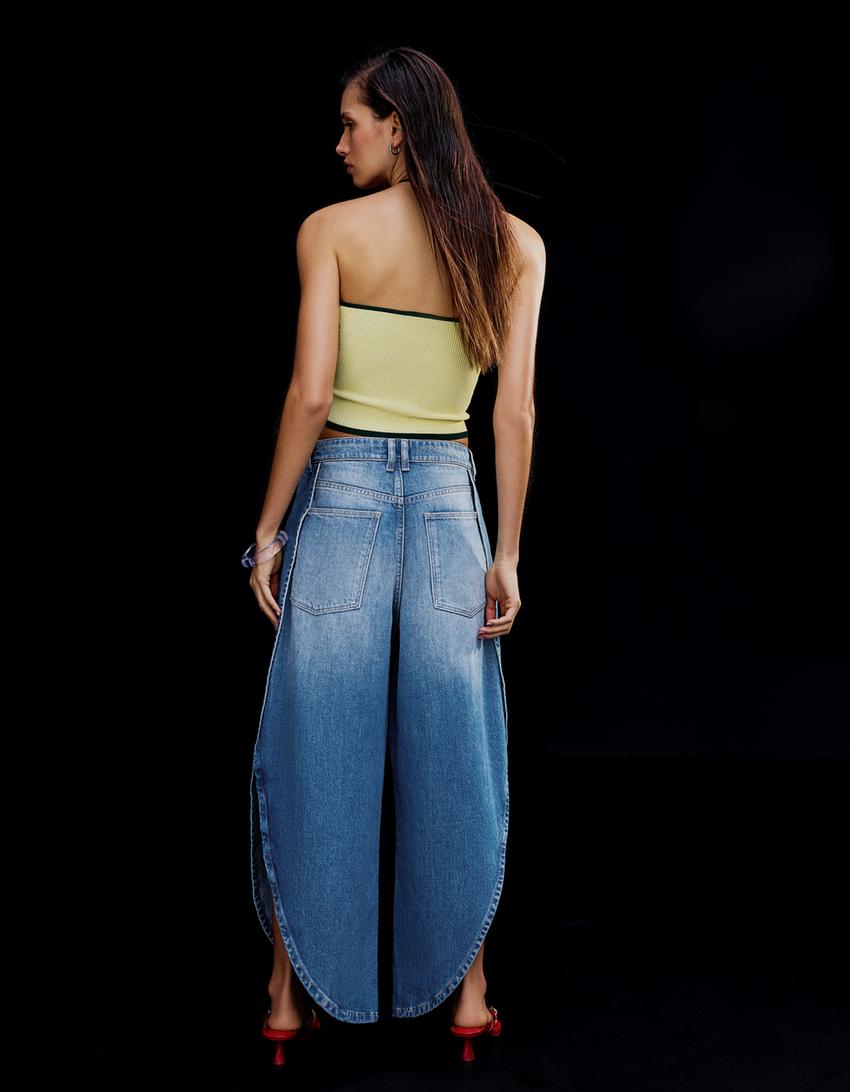 Wide-leg jeans with side slits-Light blue