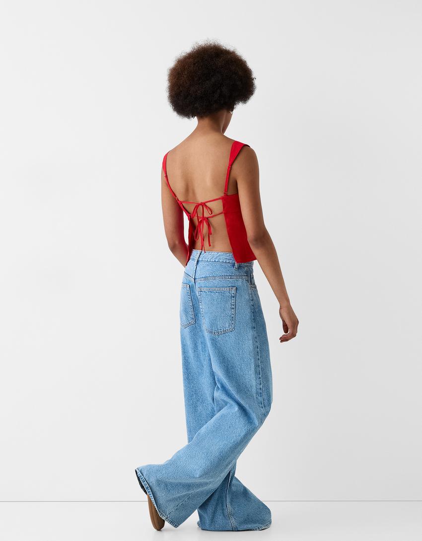 Tied crop top with linen-Red-1