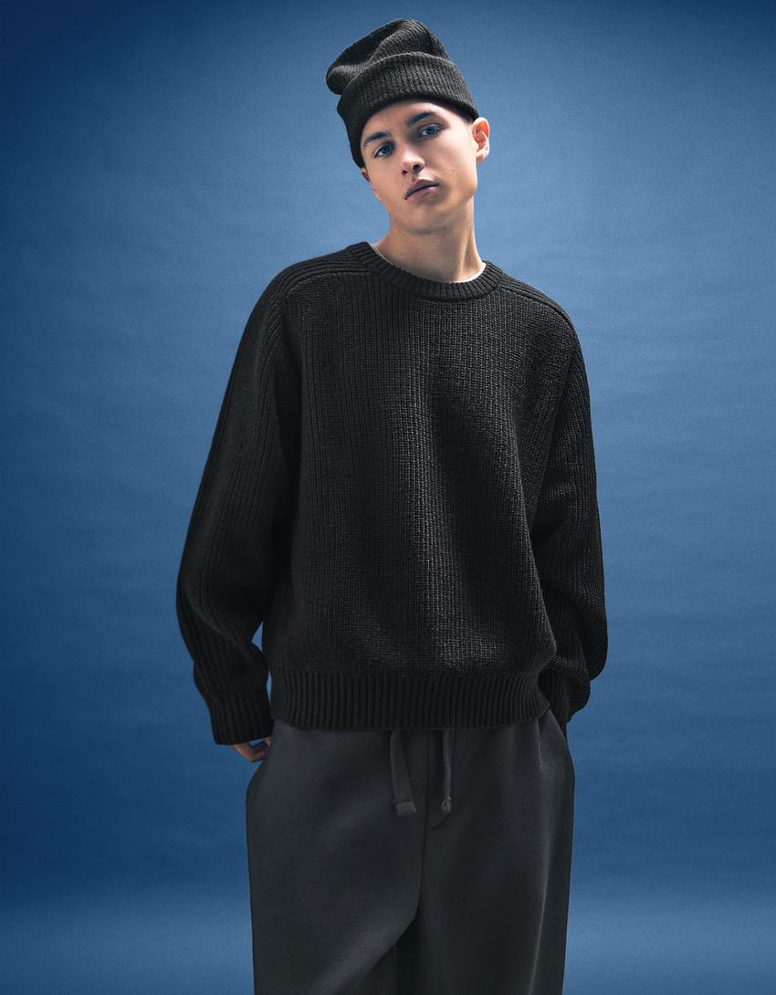 Светр оборотного переплетення зі змішаної тканини з вовною-Чорний