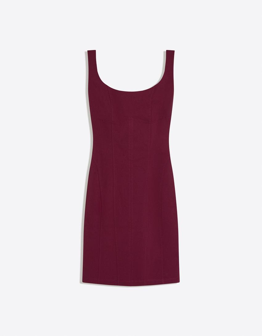 Minikleid aus Bengaline mit Trägern-Granatrot