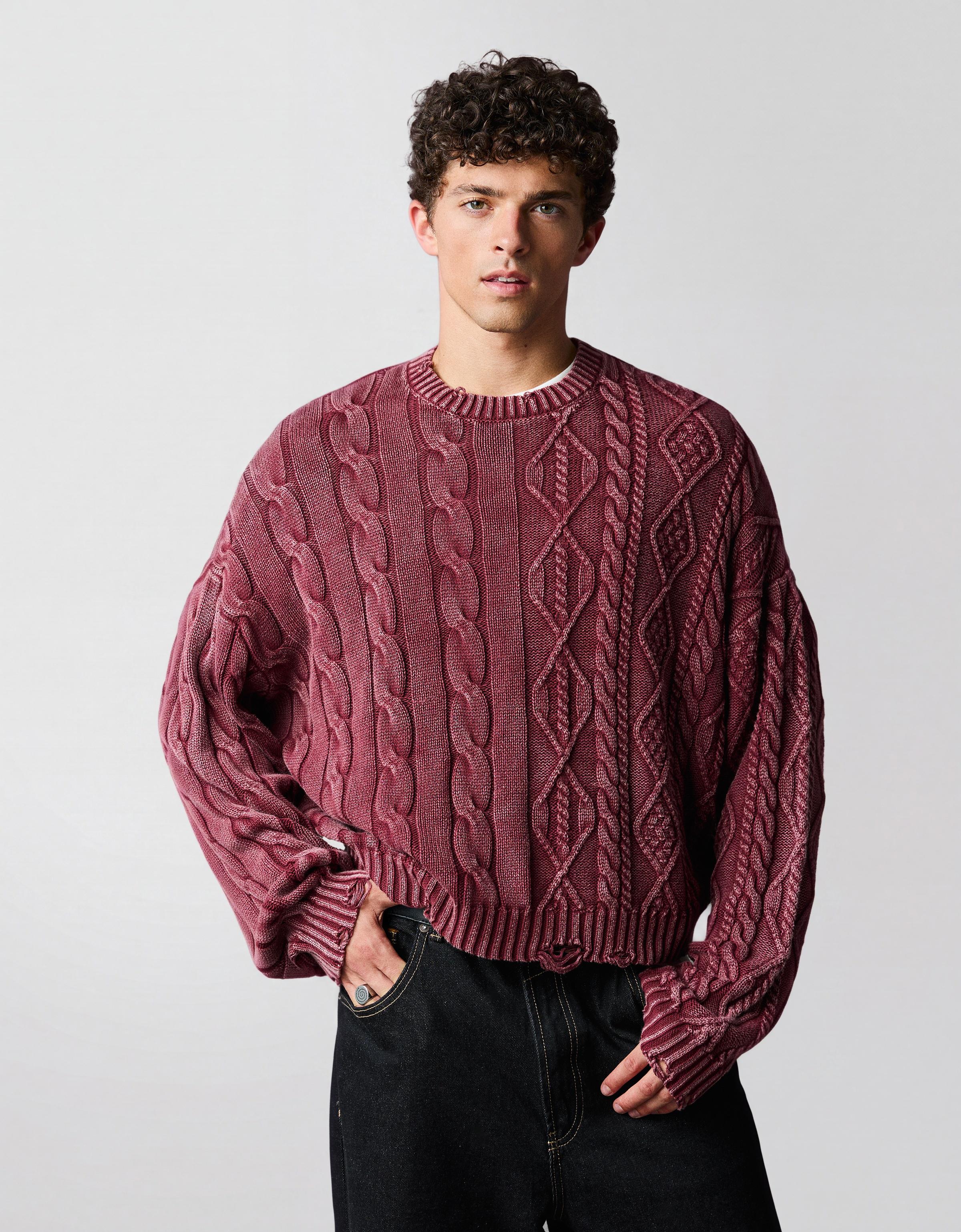 Washed-effect cable-knit jumper — Maroon