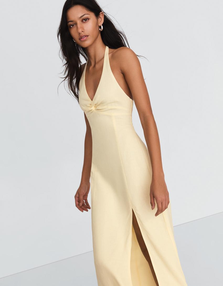 Halter midi-jurk van linnenmix-Geel
