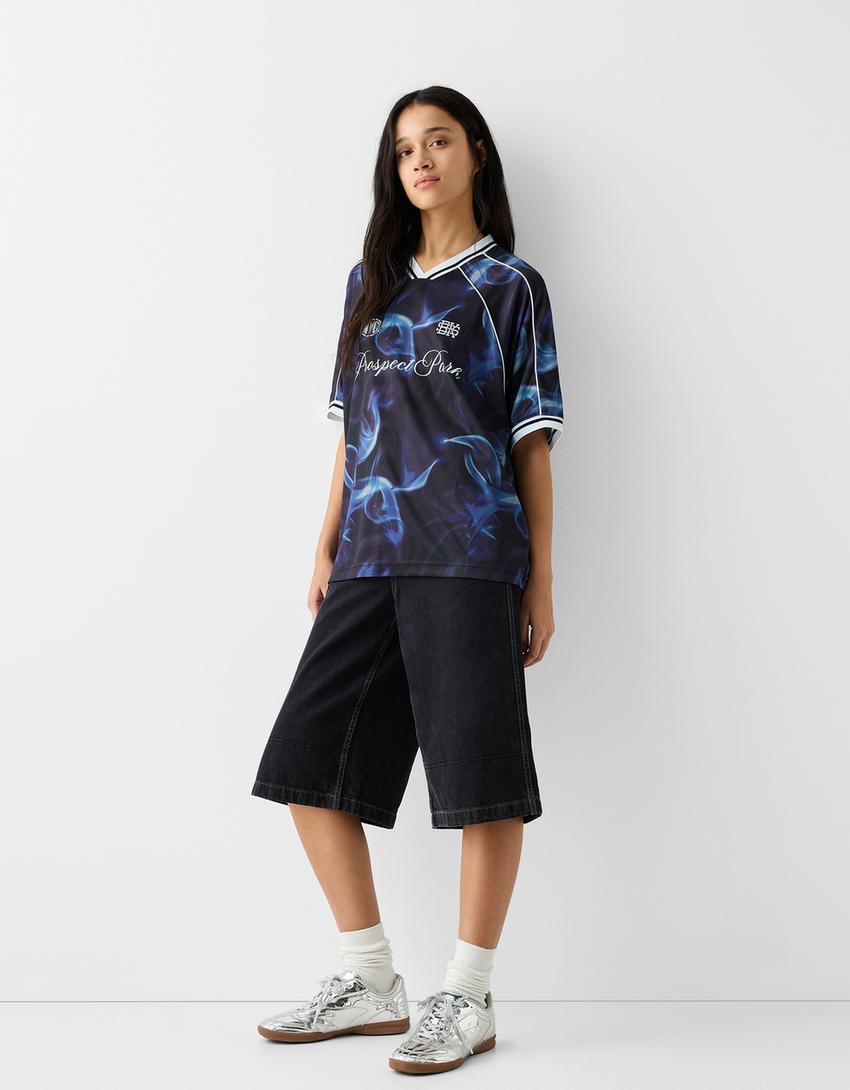 Kısa kollu oversize spor file t-shirt-Mavi-3