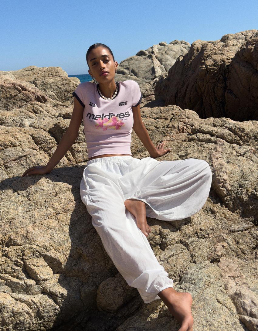 T-shirt manches courtes contrastant imprimé-Rose-2