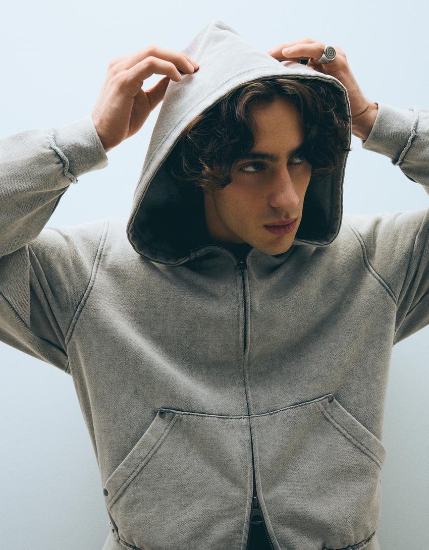 Studded zip-up hooded sweatshirt-Grey