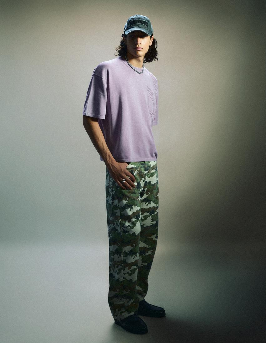 Short sleeve embroidered washed-effect T-shirt-Violet