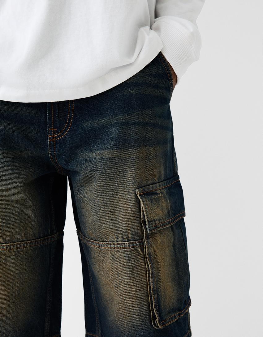 Calções bermuda denim baggy cargo-Azul lavado-5