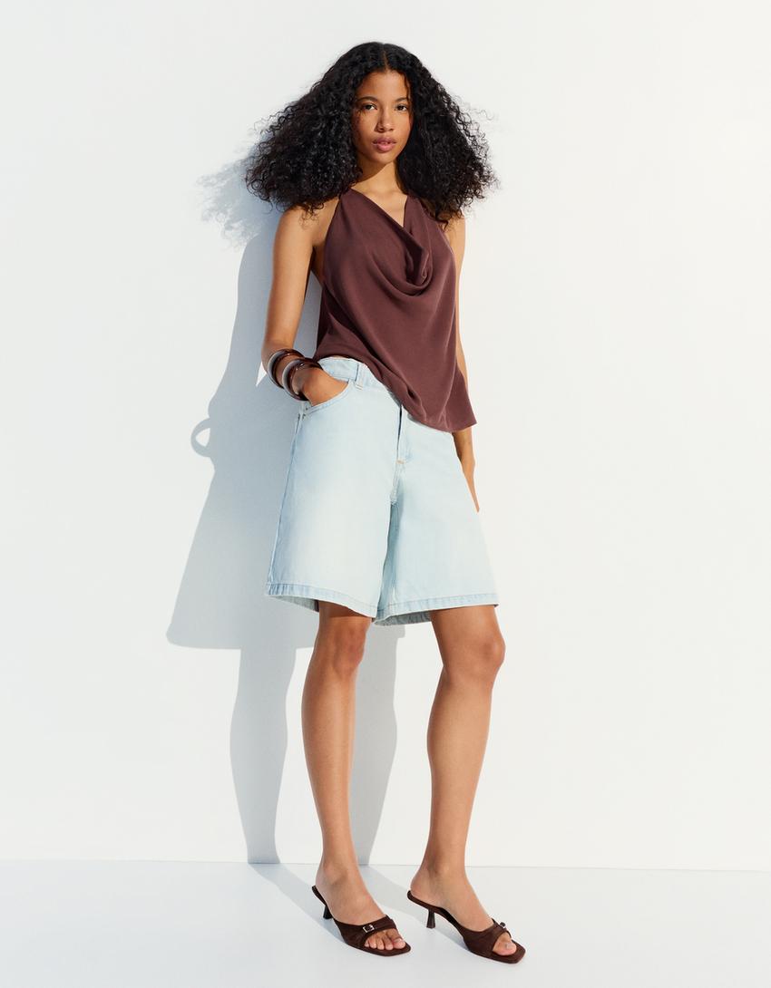 Top drapé à encolure américaine-Marron