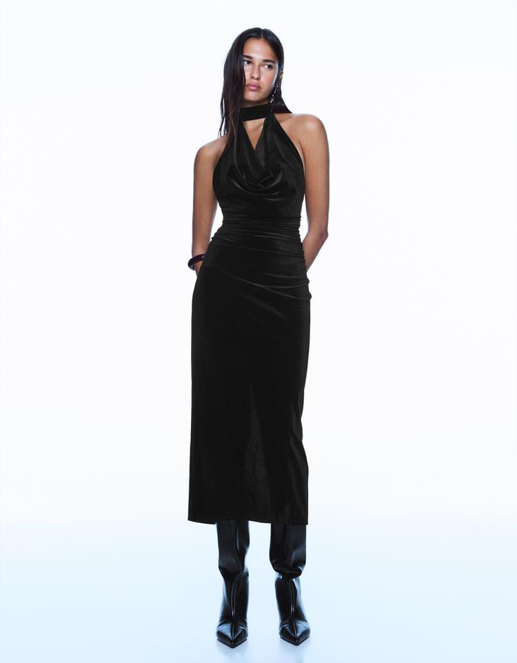 Vestido midi efecto velvet drapeado