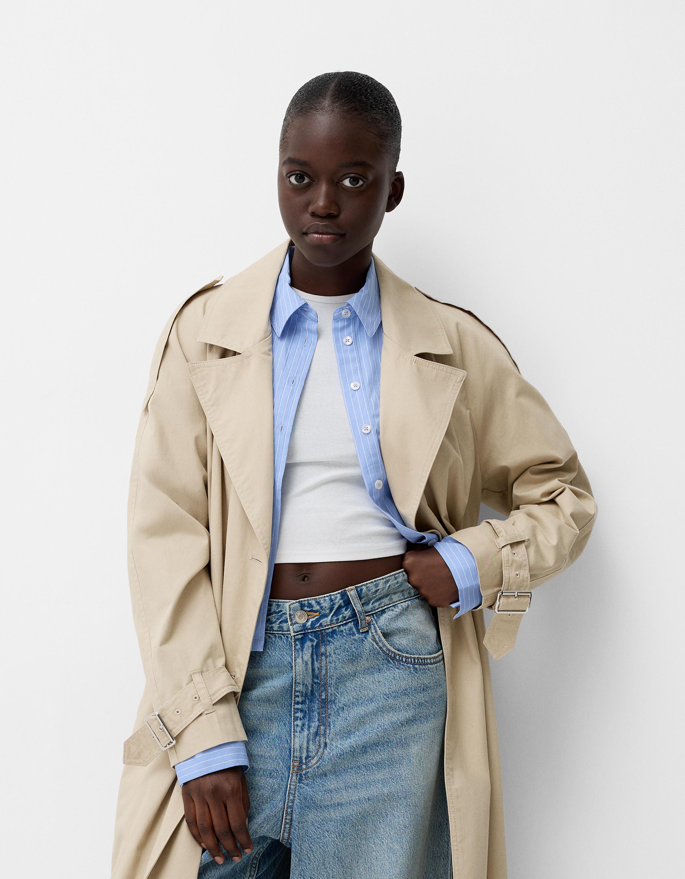 Bershka Trenchcoat Aus Baumwolle Damen M Sandfarbe