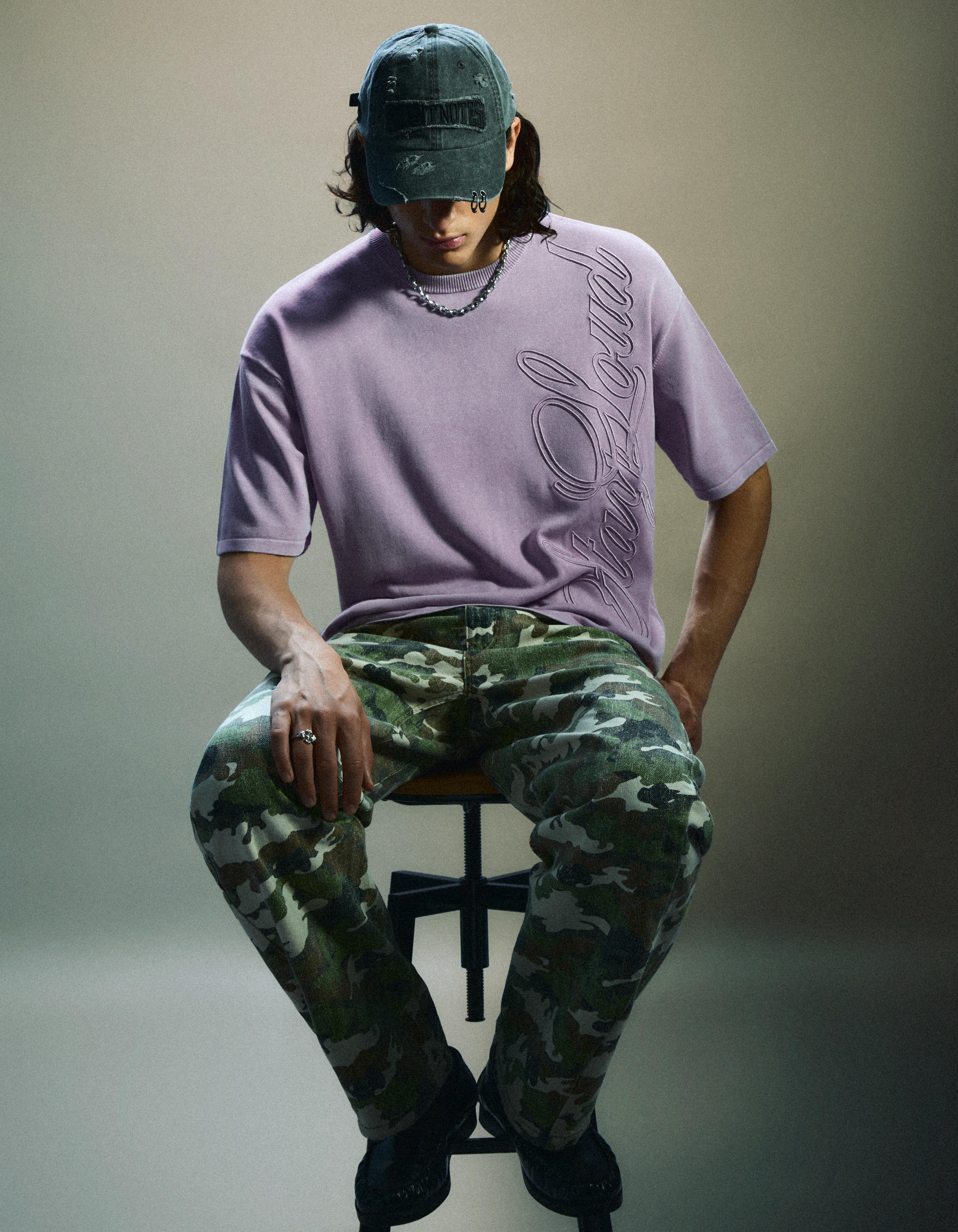 Short sleeve washed effect embroidered T-shirt — Violet