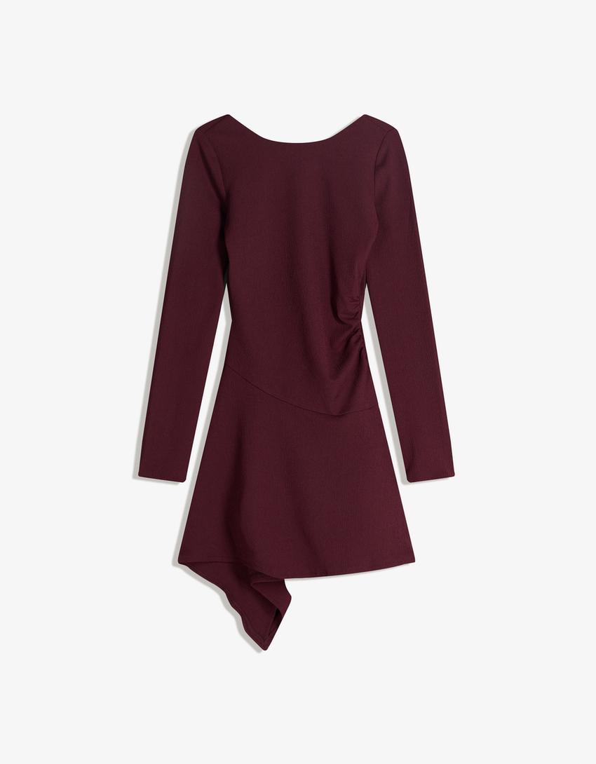 Vestido mini manga larga vuelo asimétrico-Burdeos