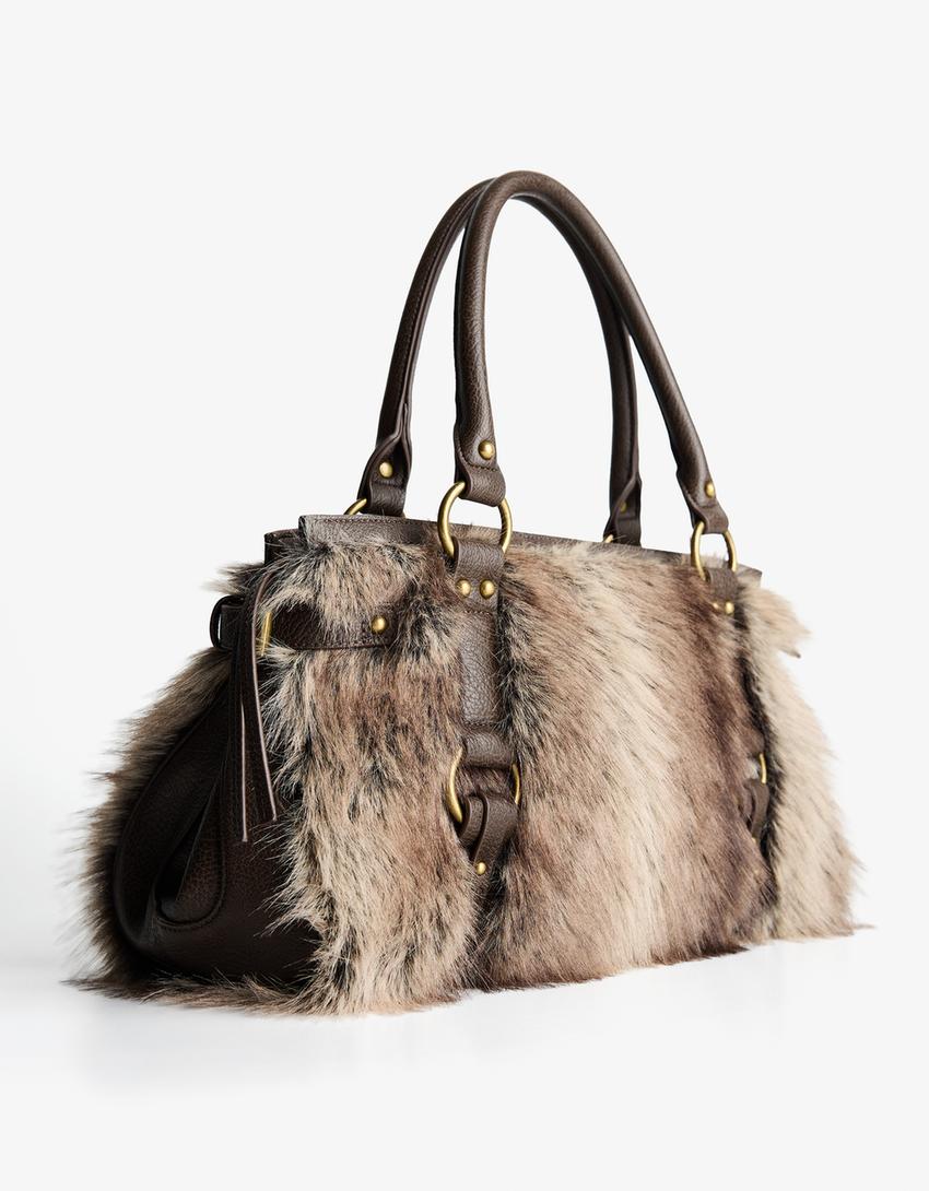 Bolso hombro efecto pelo-Marrón