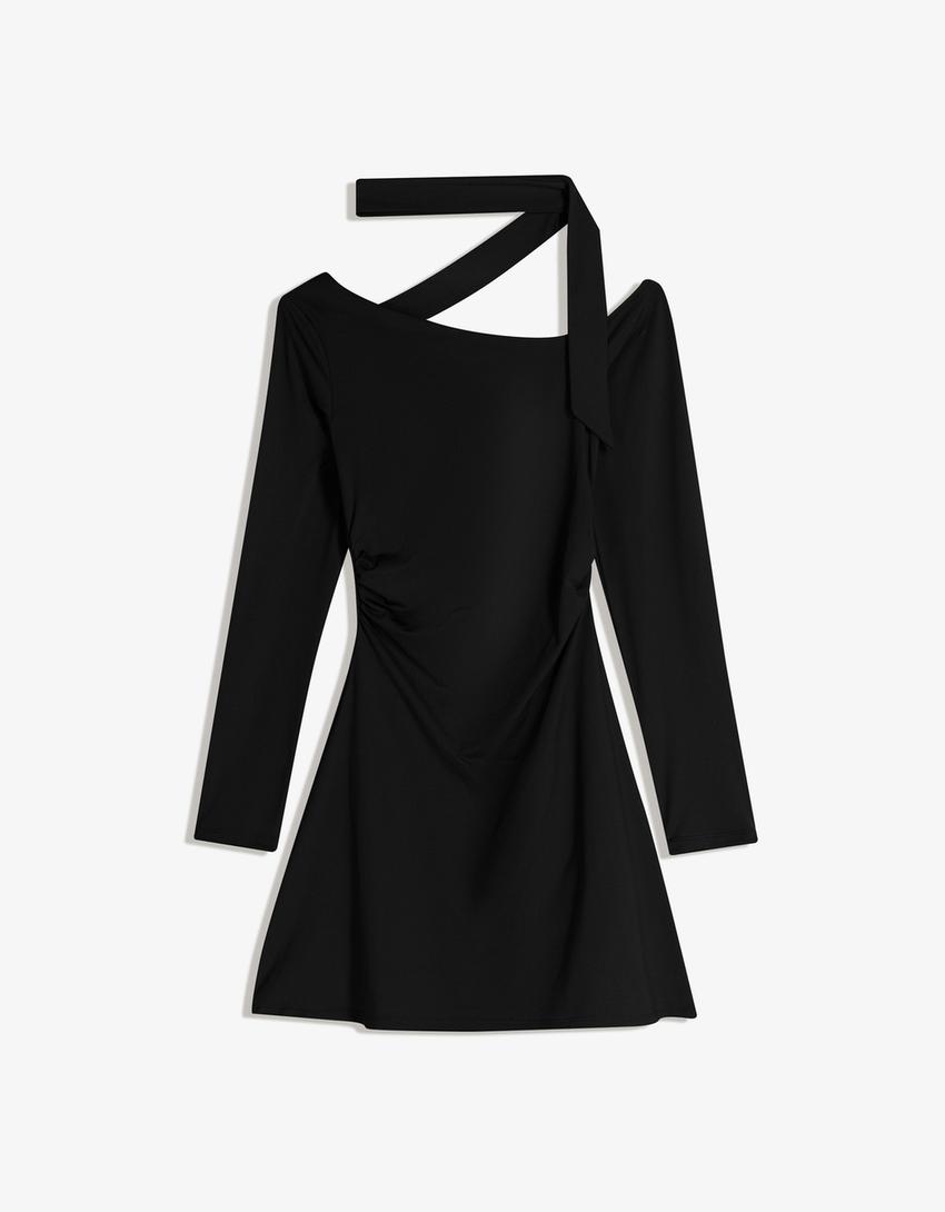 Vestido mini manga comprida detalhe lenço-Preto