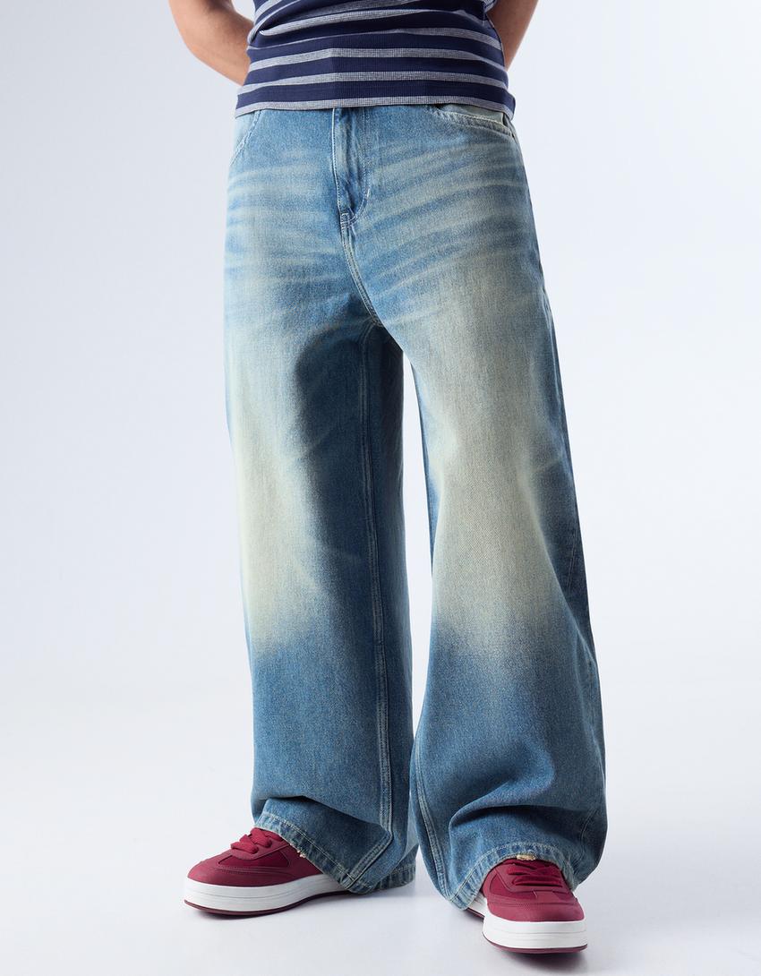 Jeans baggy con fibbia posteriore-Azzurro Lavato