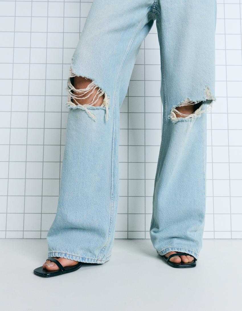 Jeans met wide leg en scheuren-Blauw-2