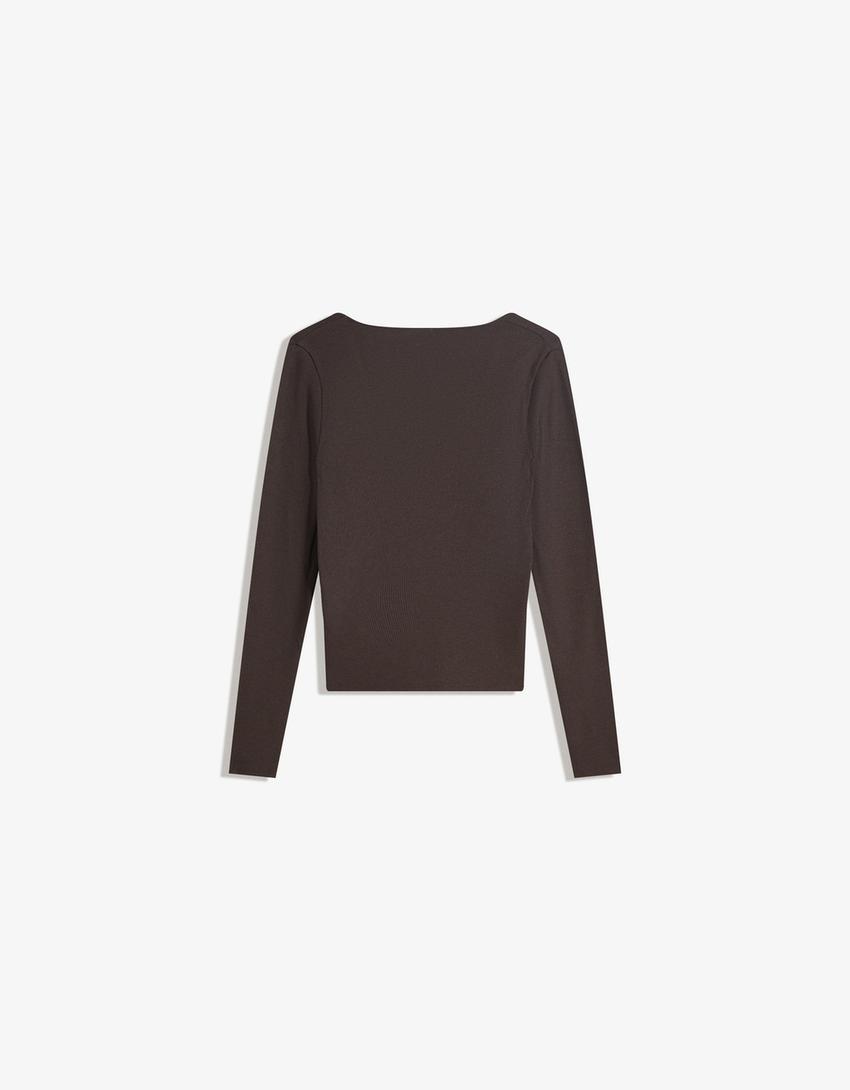 Camiseta manga larga cuello pico-Marrón