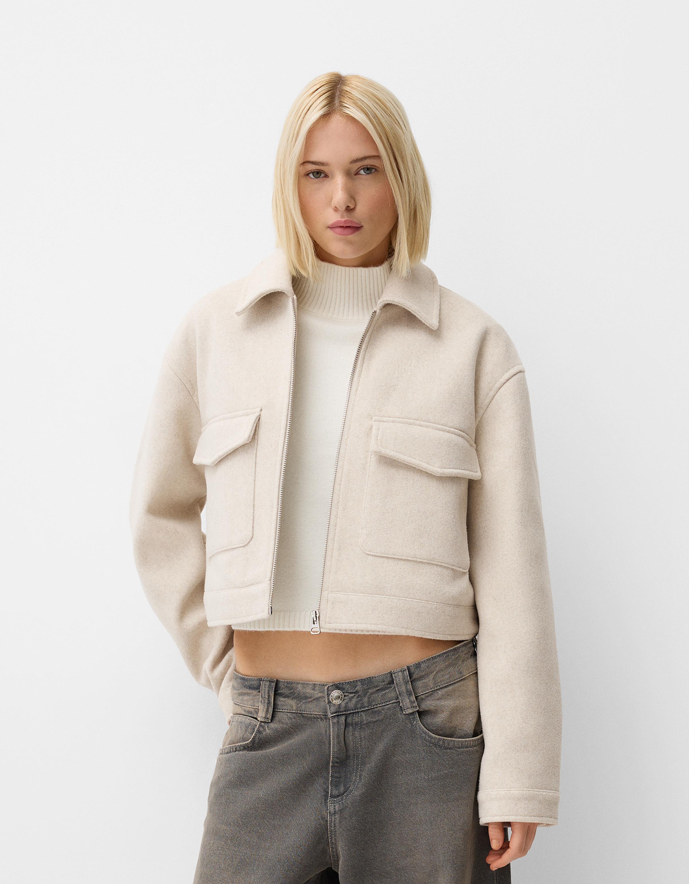 Bershka Soft-Cropped-Jacke Damen L Rohweiß