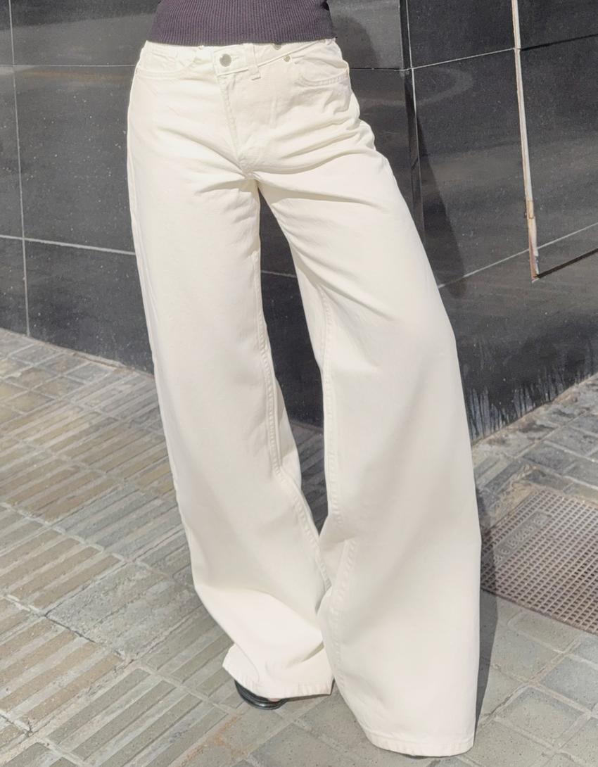 High-waist wide-leg jeans with crossover waist-Cream