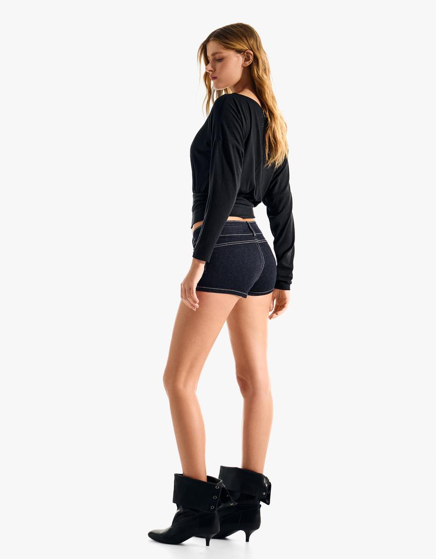 Contrast denim mini shorts-Navy