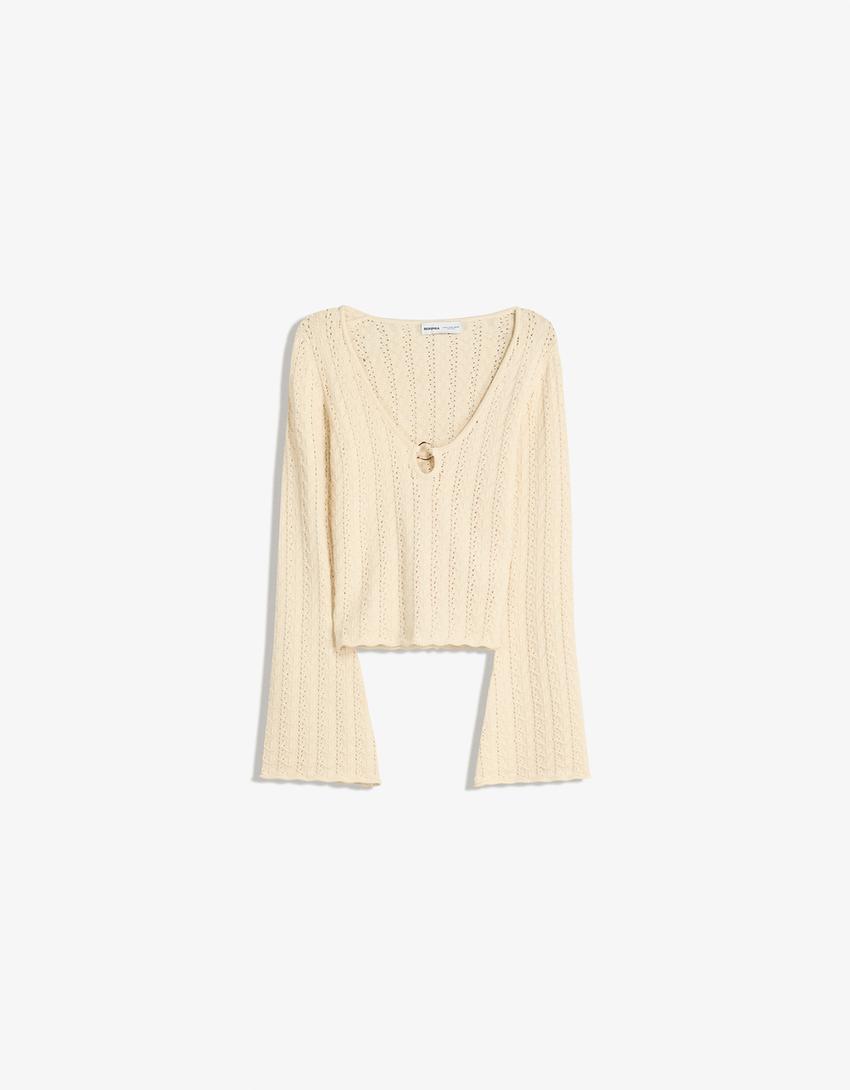 Textured sweater with ring-Cream