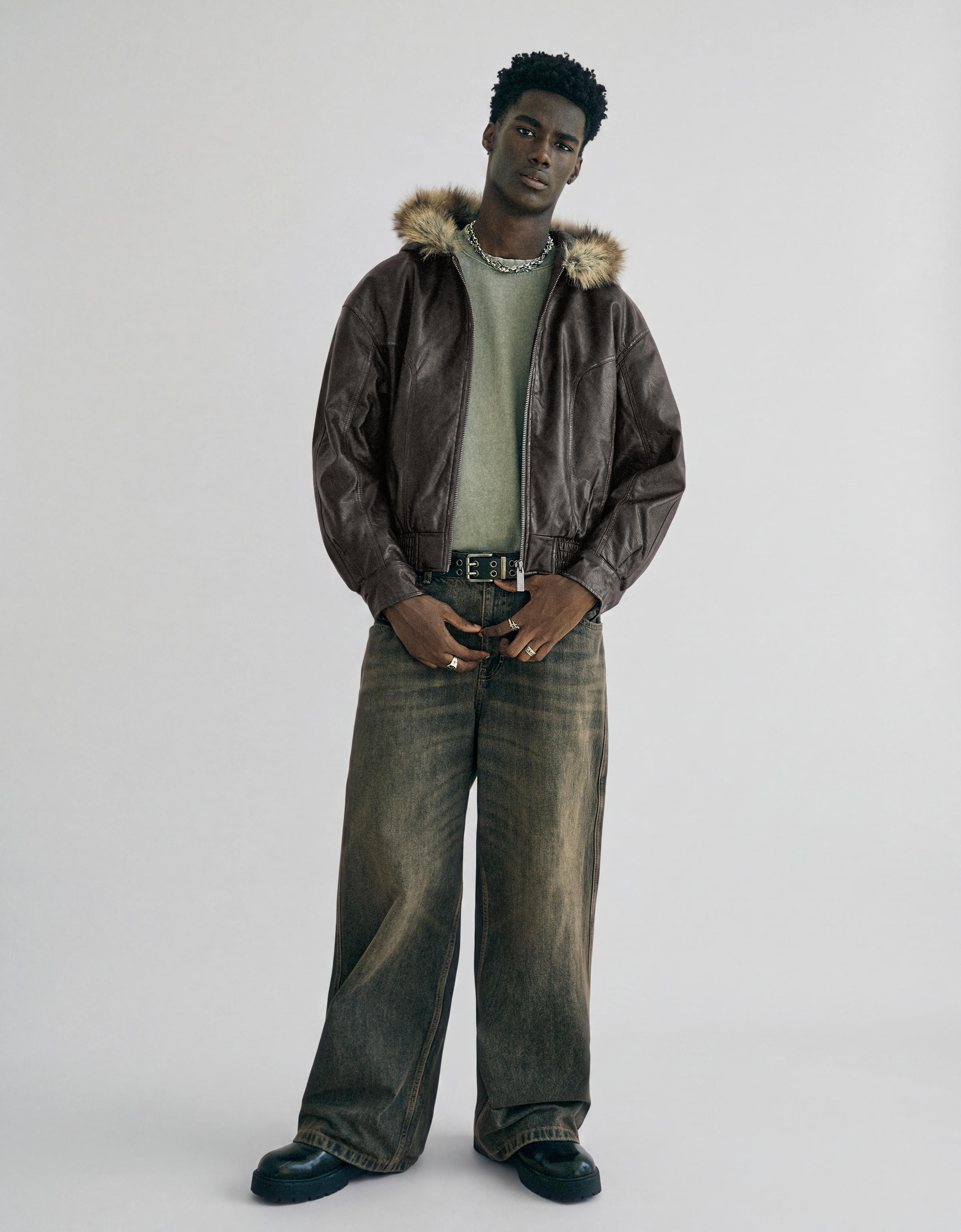 Leather effect jacket with faux fur hood — Brown