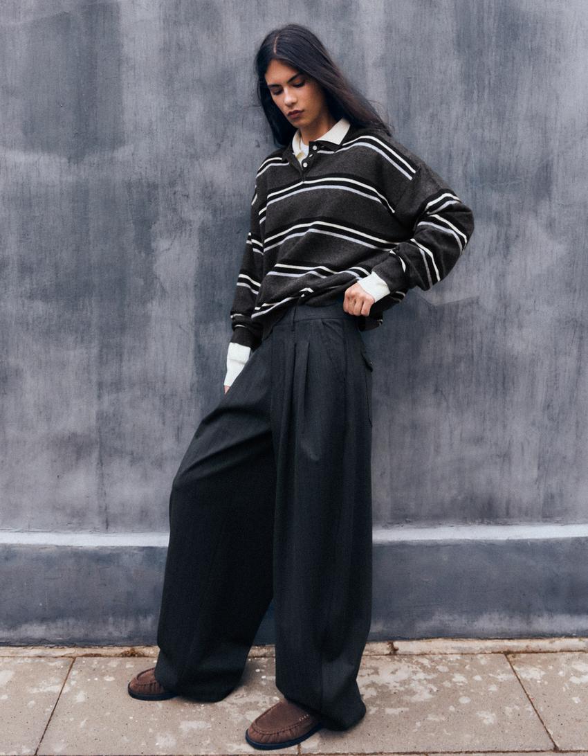 Striped polo sweater-Grey
