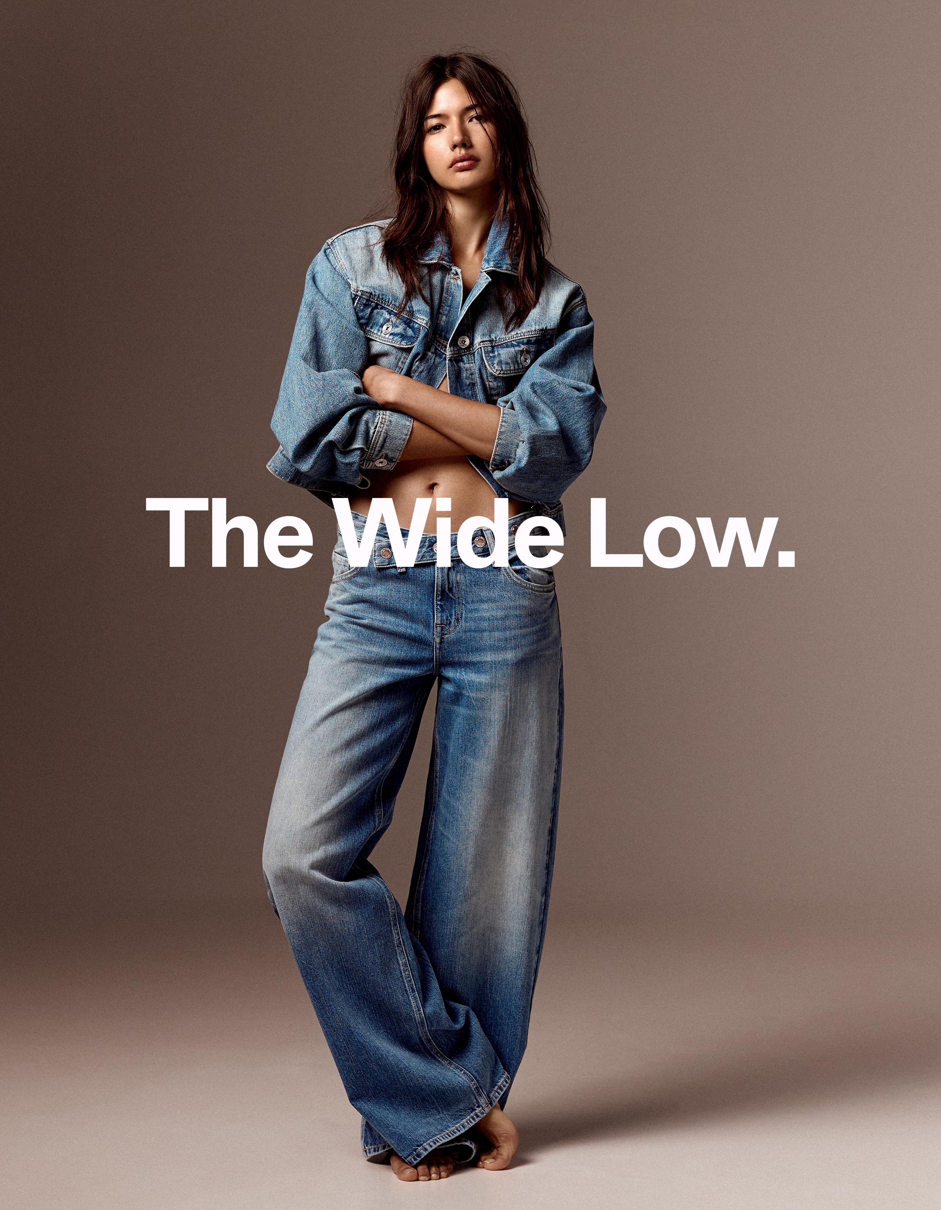 Low-rise straight-leg jeans with crossover waist — Light blue
