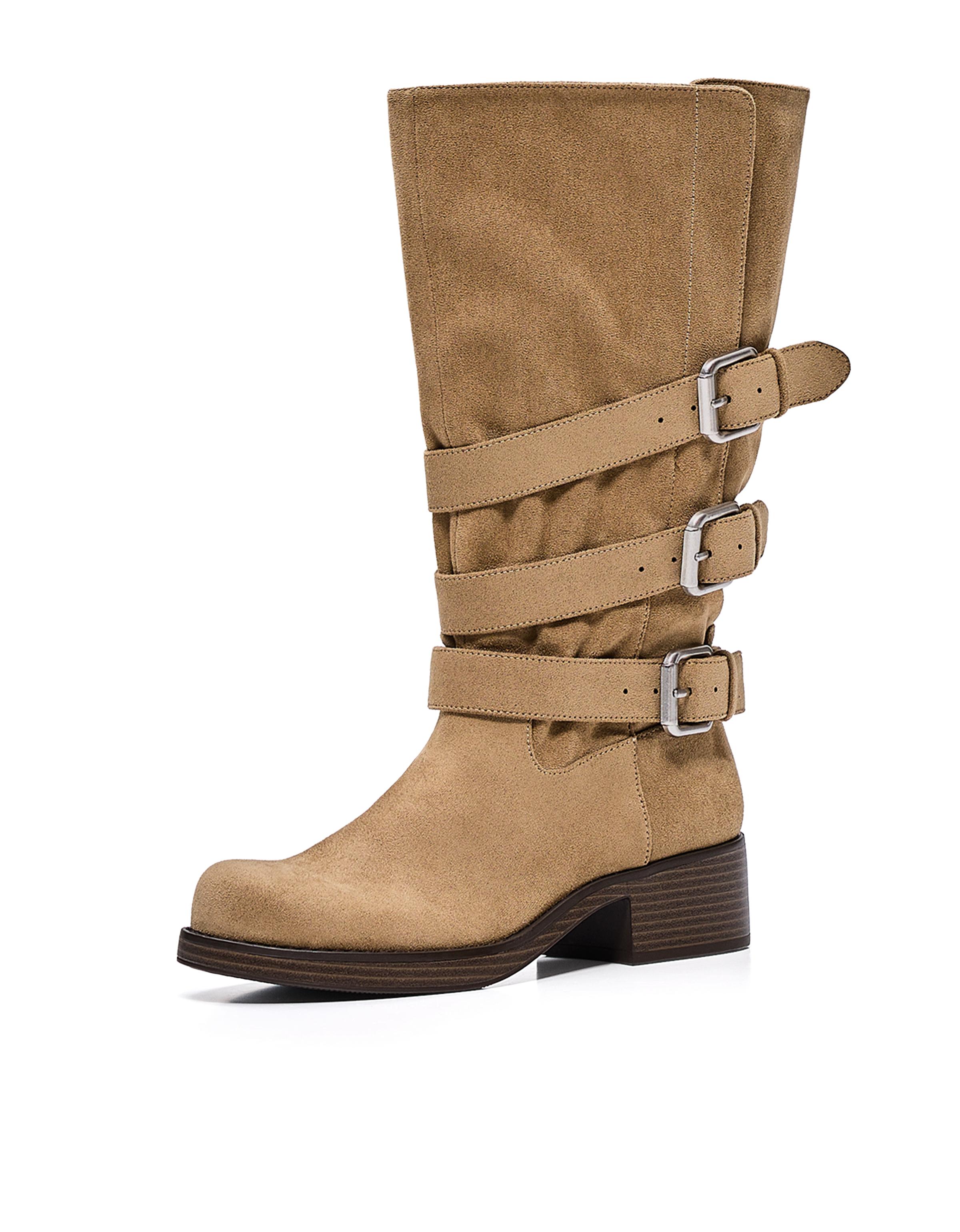 BUCKLED BIKER BOOTS — BEIGE