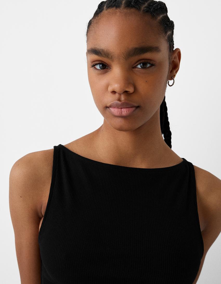 Sleeveless ribbed T-shirt-Black-5